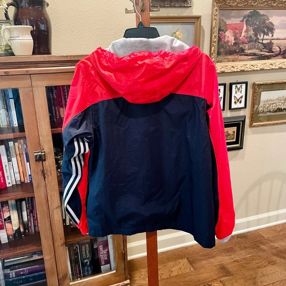 Adidas men’s full zip hooded lined windbreaker jacket w/ pockets SZ M navy red - Picture 9 of 12